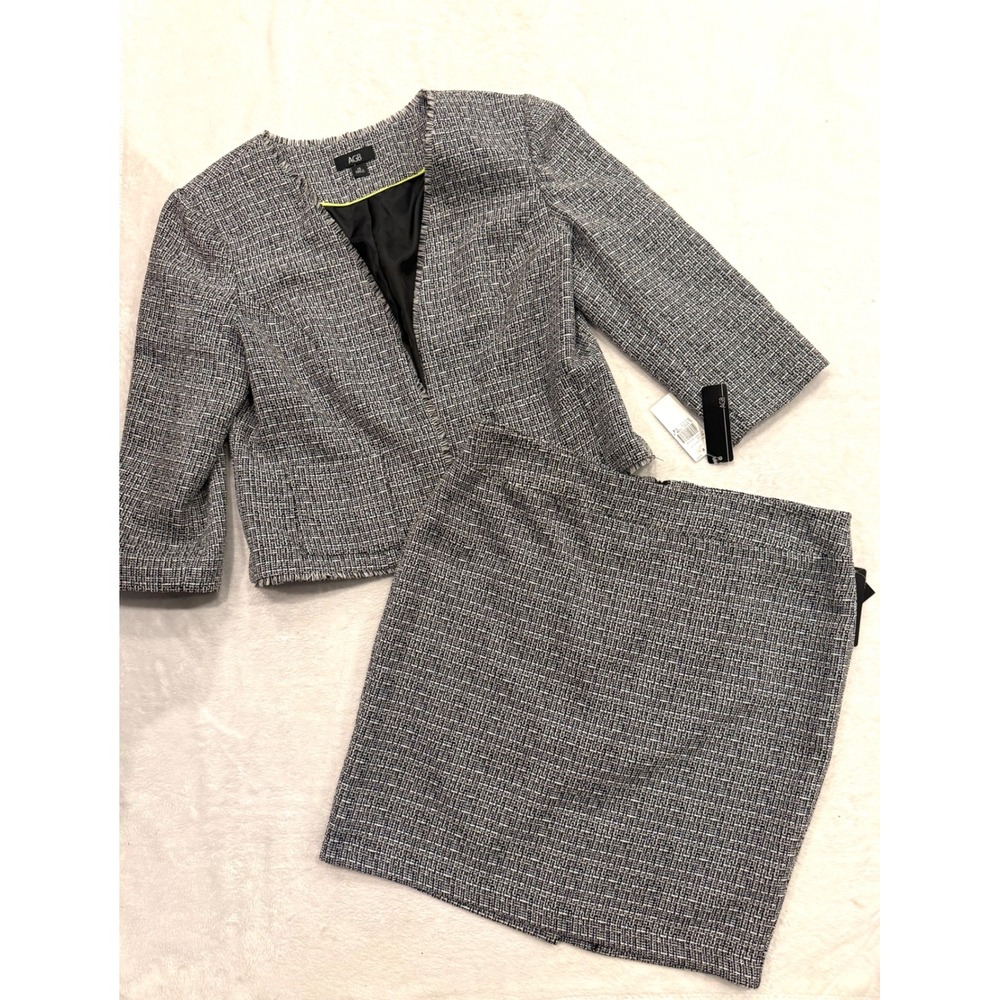 AGB Womens 2 Piece Skirt Suit Set Black White Tweed Fringe Jacket 14 Skirt 12